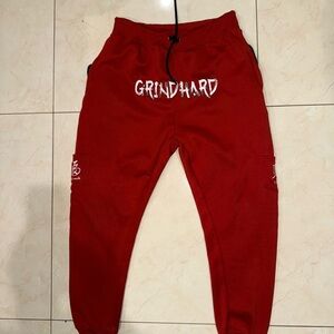 Grind Hard Apparel Red Joggers Men’s Large Embroidered Good Luck Wealth